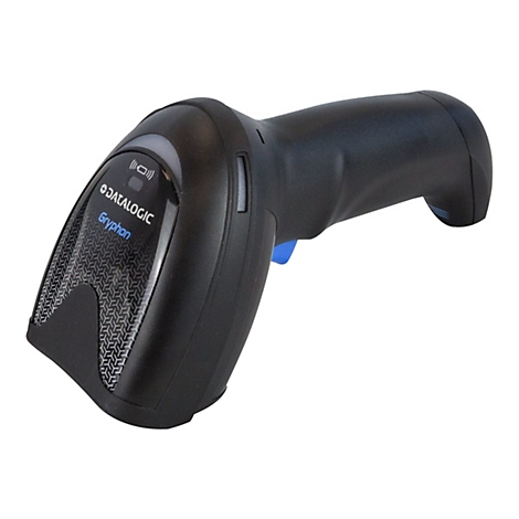 Schwarzer Barcodescanner mit Griff. Auf dem Scanner steht DATALOGIC Gryphon. Blaue Taste am Griff.