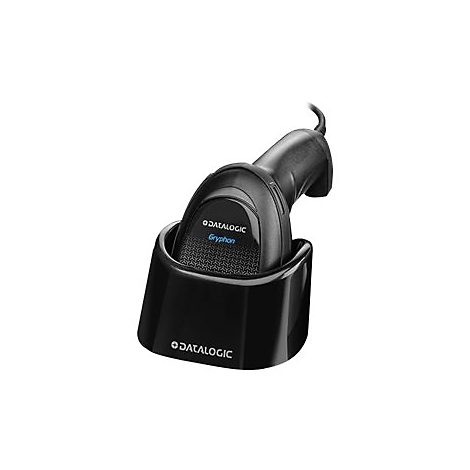 Schwarzer Barcodescanner in einer Halterung, mit DATALOGIC und Gryphon beschriftet.