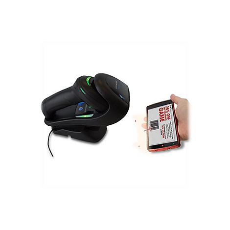 Ein schwarzer Barcode-Scanner, der einen Barcode auf einem Smartphone scannt, auf dem ein Gutschein angezeigt wird.