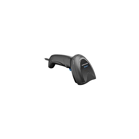 Schwarzer Barcodescanner mit blauem AuslÃ¶ser und Logo.