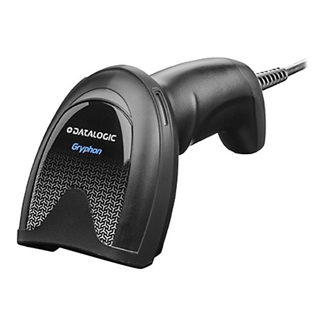 Schwarzer Barcode-Scanner mit Kabel. Auf der Oberfläche 'DATALOGIC Gryphon' in Blau geschrieben. Muster aus kleinen Sechsecken.
