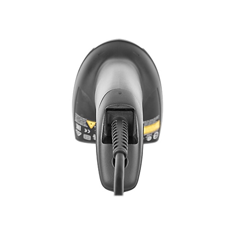 Nahaufnahme eines schwarzen Barcodescanners mit Kabelanschluss. Gelbe Akzente und Symbole.