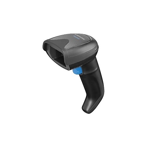 Ein schwarzer Barcode-Scanner mit blauem Knopf, vor weiÃŸem Hintergrund.