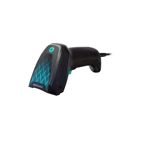 Schwarzer Barcode-Scanner mit grünem Auslöser und blauem Design. Kabelanschluss.