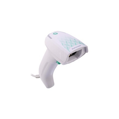 Scanner de codes-barres blanc avec accent vert et câble sur fond blanc.