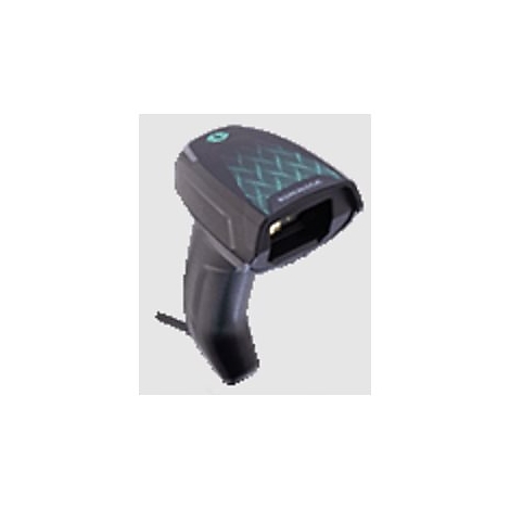 Schwarzer Handscanner mit grüngemustertem Gehäuse vor neutralem Hintergrund.