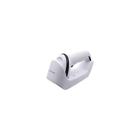 Couteau électrique blanc placé dans un support, sur fond blanc.