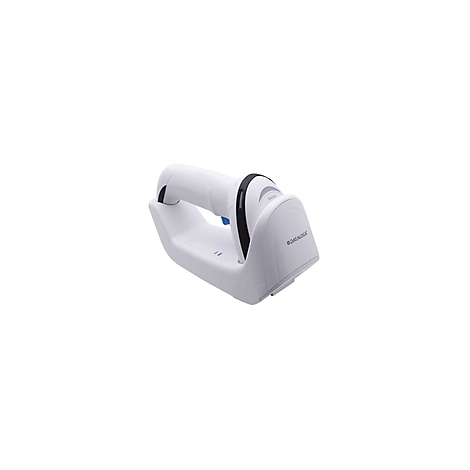 Scanner de codes-barres blanc dans une station de charge. Poignée, bouton bleu, accents noirs, logo de l'entreprise.