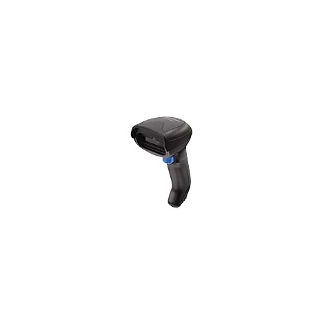 Scanner de codes-barres noir avec un bouton bleu, sur fond blanc.