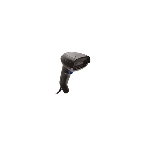 Schwarzer Barcode-Scanner mit blauem Knopf. Der Scanner hat einen abgewinkelten Kopf und einen Griff.