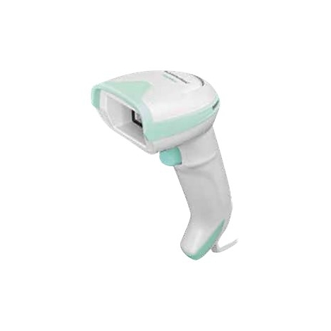 Scanner portable blanc avec des touches vert clair. Le scanner a une poignée et une tête de numérisation.