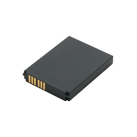 Ein rechteckiger, schwarzer Akku mit goldenen Kontakten auf weißem Hintergrund.