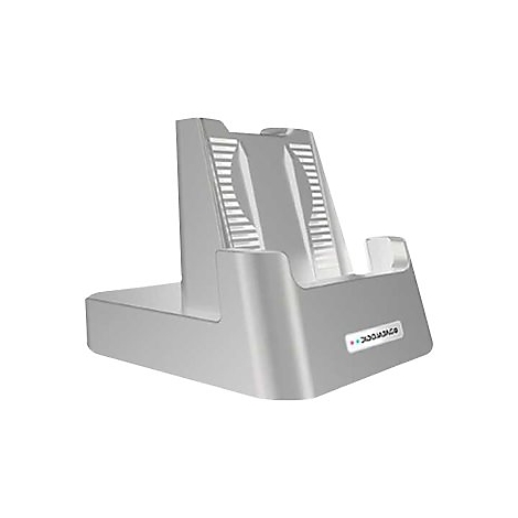 Graue Ladestation für elektronische Geräte mit zwei Halterungen und dem Markennamen.