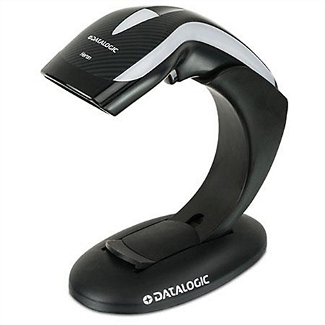 Schwarzer Barcode-Scanner mit weißer Zierleiste auf einem Sockel. Firmenlogo Datalogic.