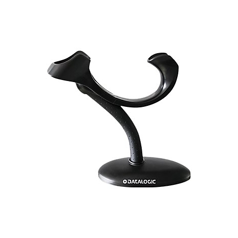 Schwarzer Barcode-Scanner-Ständer. Gebogene Form, mit Datalogic-Logo am Sockel.