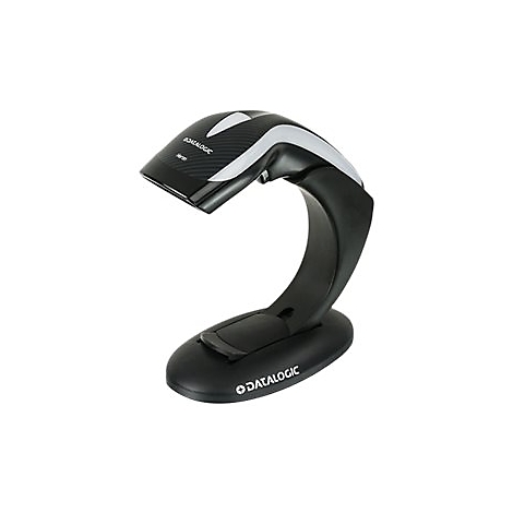 Un lecteur de codes-barres Datalogic noir, courbé, avec une bande blanche et une base.