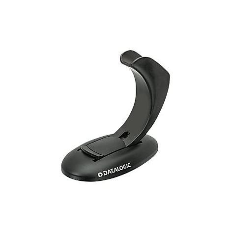 Support noir avec logo DATALOGIC. Il a un bras courbé et une base ovale.