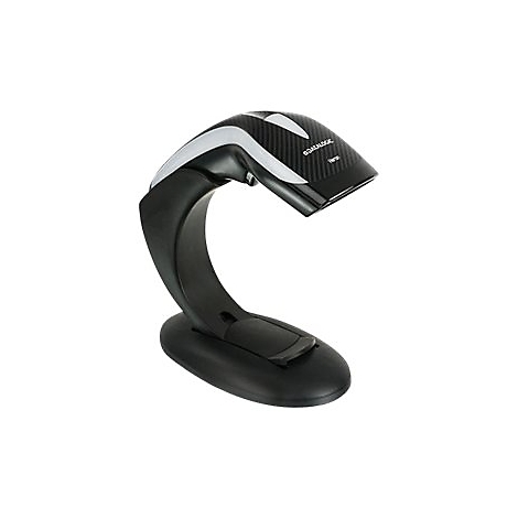 Scanner de codes-barres noir sur socle noir. Le scanner a une poignée incurvée et une ligne argentée.