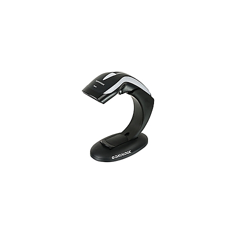 Un lecteur de code-barres noir est posé sur un fond blanc. Le scanner est de la marque Datalogic.