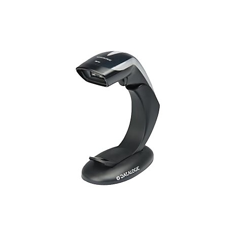 Ein schwarzer Barcodescanner mit gebogenem Ständer. Oben steht der Name 'DATALOGIC'.
