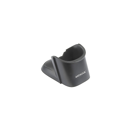 Schwarze Ladestation mit Datalogic-Logo. Seitlich geneigt, auf weißem Hintergrund.