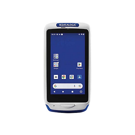 Scanner portable avec Ã©cran bleu. DATALOGIC est Ã©crit en haut, l'Ã©cran affiche des icÃ´nes d'applications. L'appareil est blanc et bleu.