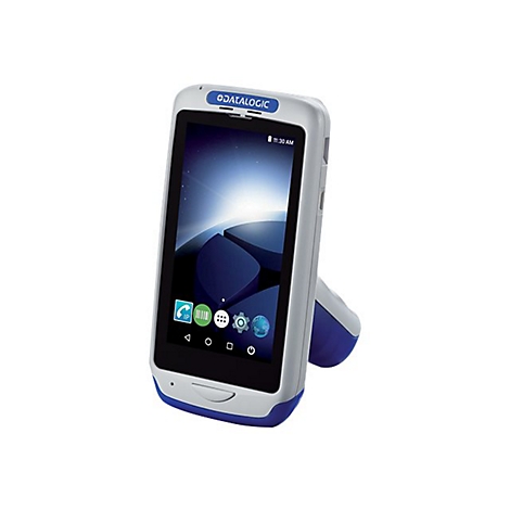 Ein graues und blaues Datenerfassungsgerät mit Touchscreen zeigt eine grafische Benutzeroberfläche.