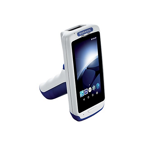 Handheld-Scanner, weiß-blau, mit Bildschirm, Datum. Datalogic-Logo.