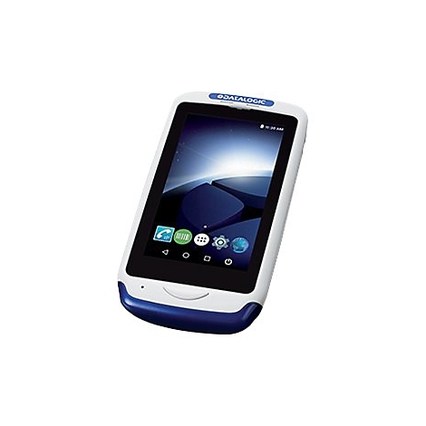 Handscanner mit weißem Gehäuse und blauem Akzent. Auf dem Bildschirm sind App-Icons zu sehen.