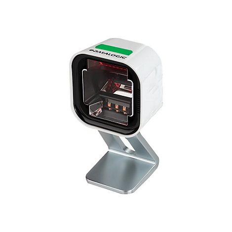 Scanner de codes-barres blanc sur socle argenté. Inscription : DATALOGIC. Une lumière verte est allumée sur l'appareil.