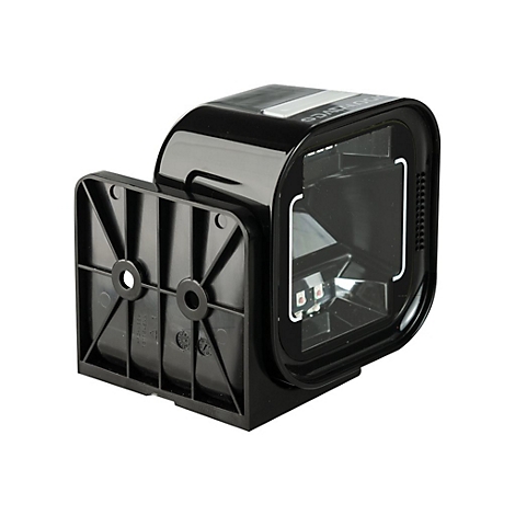 Scanner de codes-barres noir avec un boÃ®tier rectangulaire et un support. L'ouverture de balayage est protÃ©gÃ©e par une vitre.