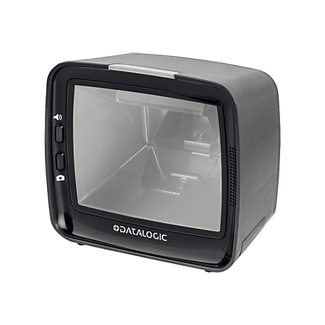 Schwarzer Barcodescanner mit großem Fenster, Logo Datalogic. Knöpfe und Lautsprechersymbol links.