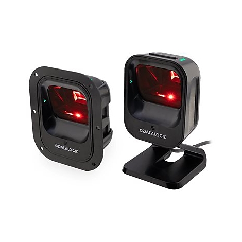 Deux scanners de codes-barres noirs avec une lumiÃ¨re rouge, un sur un support mural, l'autre sur un support.