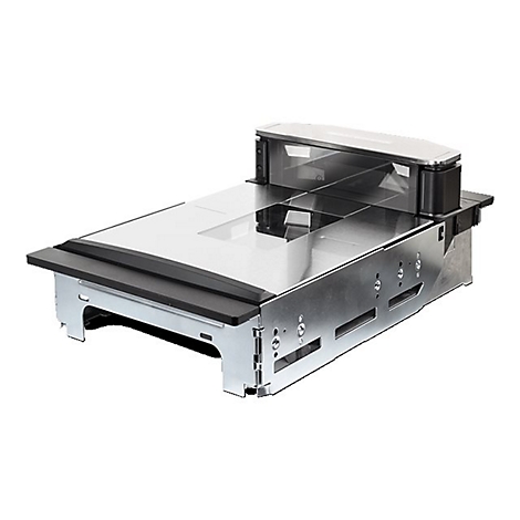 Un module de scanner en métal. Sur le dessus se trouve une zone de numérisation transparente, derrière laquelle se trouve un accessoire noir.