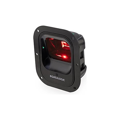 Schwarzer Barcodescanner mit rotem Licht. Der Scanner ist an einer Platte befestigt, daneben das Logo von Datalogic.