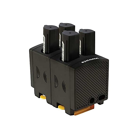 Station de recharge noir avec quatre batteries. Ils se dressent, logo de Datalogic.