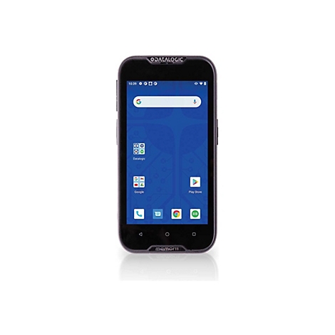 Ein schwarzes Smartphone mit eingeschaltetem Bildschirm. Auf dem Bildschirm sind Google-Apps und das Logo von Datalogic zu sehen.