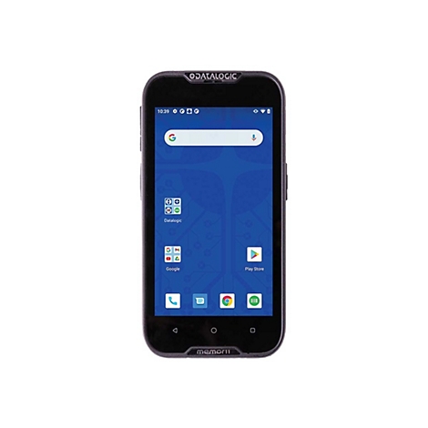 Schwarzes Smartphone mit Datalogic-Logo. Auf dem Bildschirm Google-Suchleiste und App-Symbole.