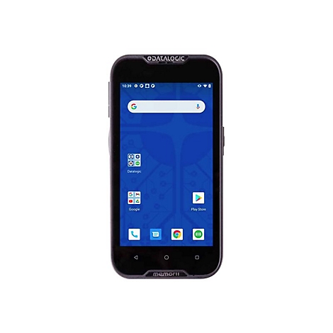Smartphone noir avec logo Datalogic et icônes d'applications sur écran bleu, fond blanc.