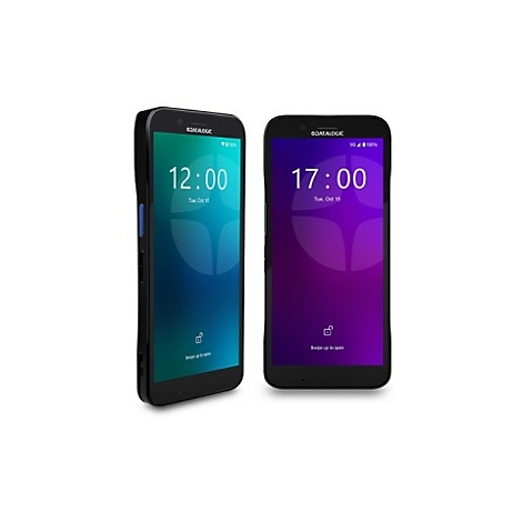 Deux smartphones noirs avec des écrans colorés, placés côte à côte sur fond blanc. Les écrans affichent des heures et la mention "Swipe up to open".