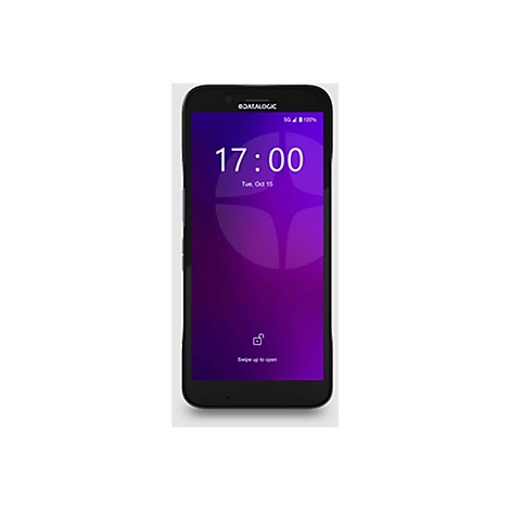 Schwarzes Smartphone mit lilafarbenem Bildschirm, Uhrzeit 17:00, Datum Tue, Oct 15.