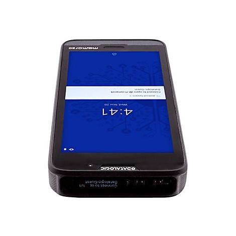 Schwarzes Smartphone mit blauem Bildschirm, Uhrzeit 4:41. Oben steht „memorao“ und unten „DATALOGIC“.