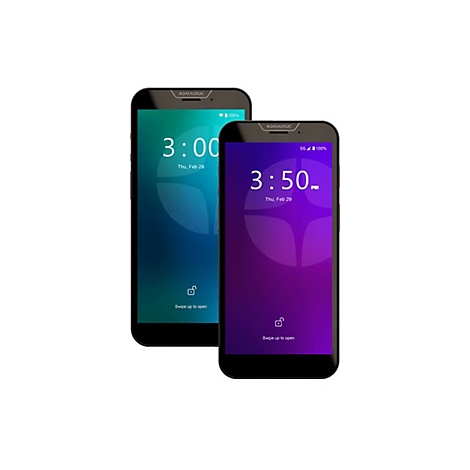 Zwei Smartphones, eines blau, eines violett, zeigen die Uhrzeit an. Beide haben das Datalogic-Logo und „Swipe up to open“.