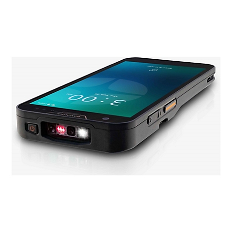 Un appareil portatif noir avec un grand écran. L'heure et la date sont affichées sur l'écran. Un scanner et un bouton d'alimentation se trouvent en bas.