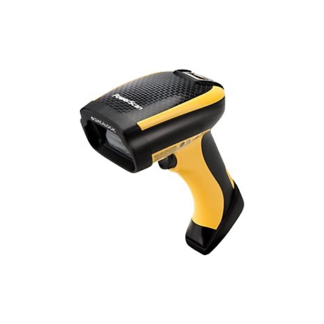 Handscanner in Schwarz und Gelb auf weiÃŸem Hintergrund. Oben ist ein Gittermuster, darunter der Schriftzug PowerScan.