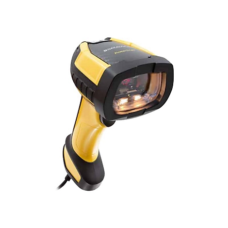 Gelb-schwarzer Barcodescanner. Der Kopf hat eine rechteckige Linse, der Griff ist ergonomisch geformt.