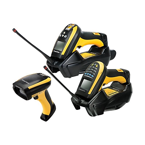 Drei gelb-schwarze Barcodescanner, einer mit Antenne, auf weißem Hintergrund.