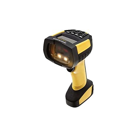 Ein Handscanner in Gelb und Schwarz mit beleuchtetem Fenster. Oben ein Tastenfeld, auf dem steht 'DATALOGIC'.