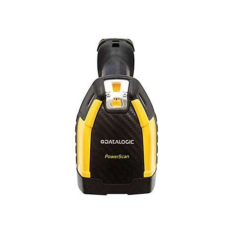 Ein Barcodescanner, schwarz-gelb, vor weißem Hintergrund. Der Scanner hat den Schriftzug "DATALOGIC PowerScan".