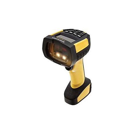 Gelb-schwarzer Barcode-Scanner mit beleuchteter Linse, Tasten und kleinem Bildschirm.